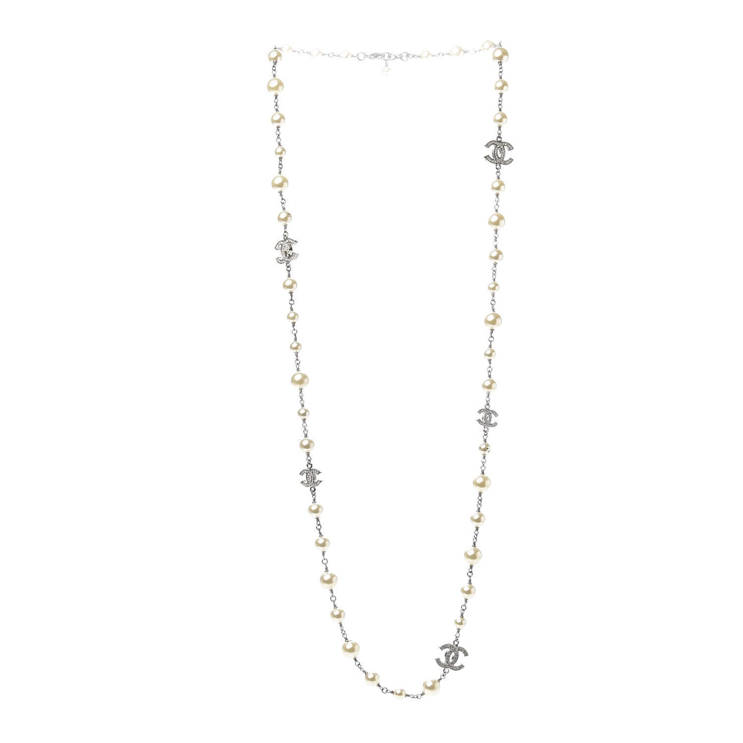 Crystal Pearl CC Long Necklace Silver