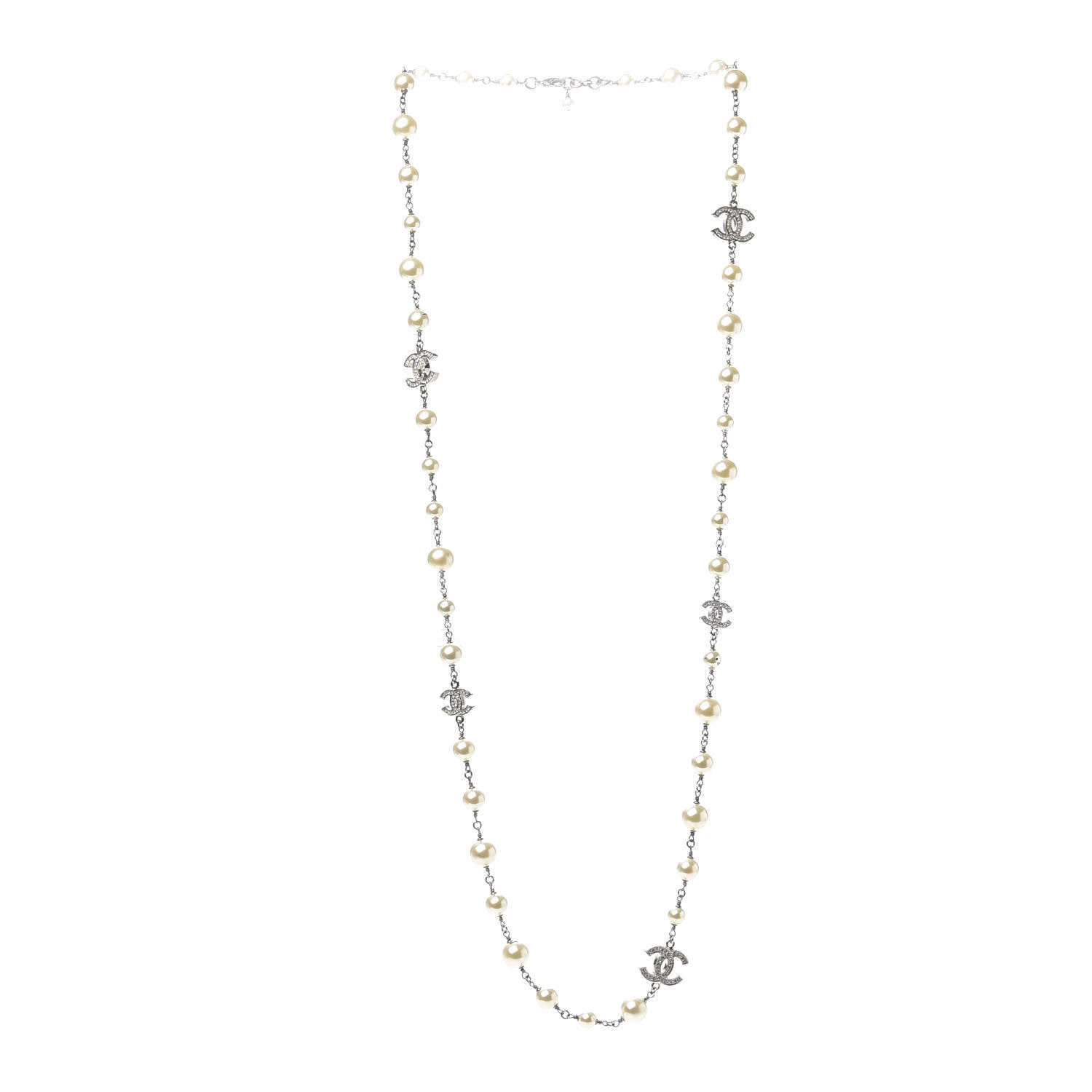 Chanel Crystal Pearl CC Long Necklace Silver 3 of 10