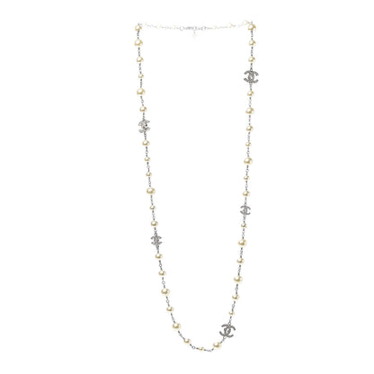 Chanel Crystal Pearl CC Long Necklace Silver 3 of 10