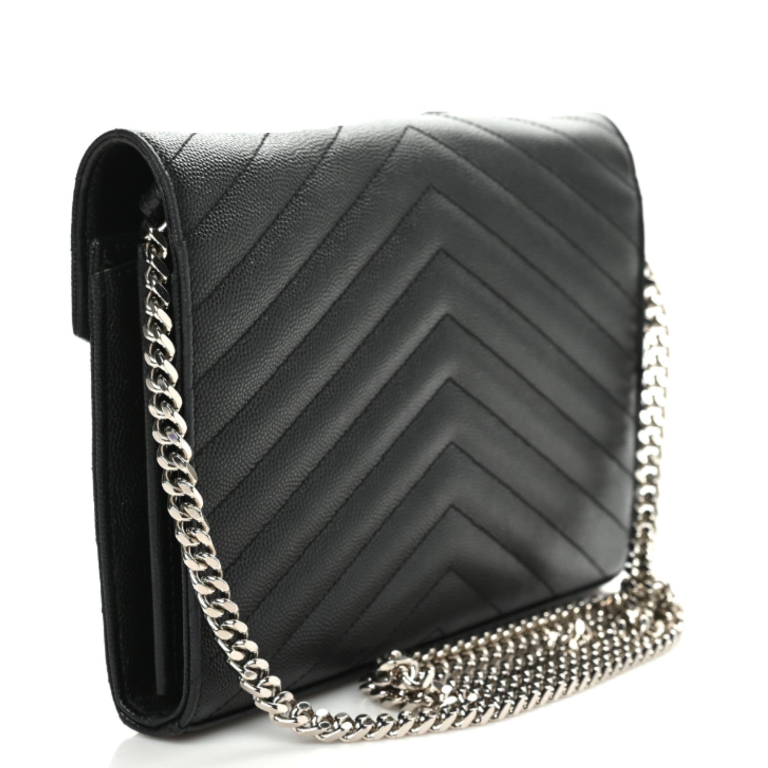 Saint Laurent Grain De Poudre Matelasse Chevron Monogram Chain Wallet Black 3 of 9