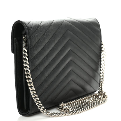 Saint Laurent Grain De Poudre Matelasse Chevron Monogram Chain Wallet Black 3 of 9