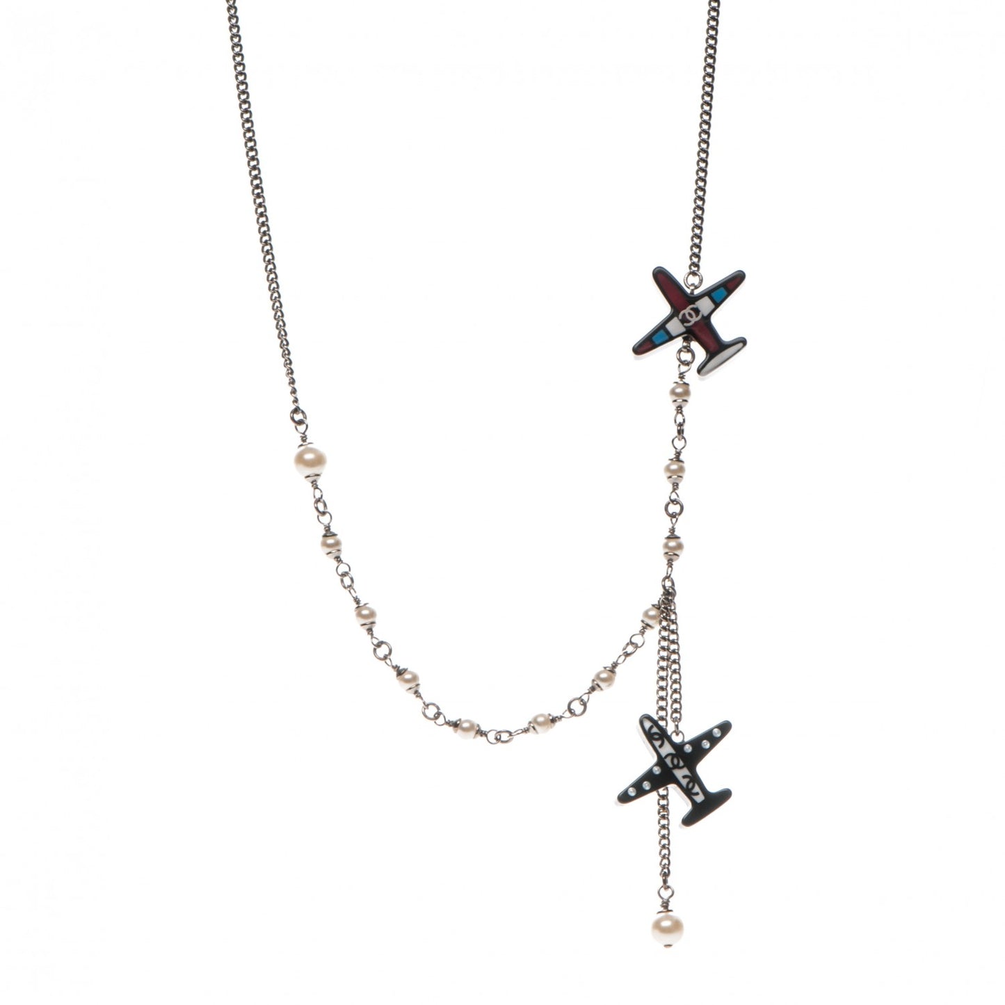 Resin Striped Pearl Airplane Necklace Black White Red