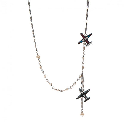 Chanel Resin Striped Pearl Airplane Necklace Black White Red 1 of 6