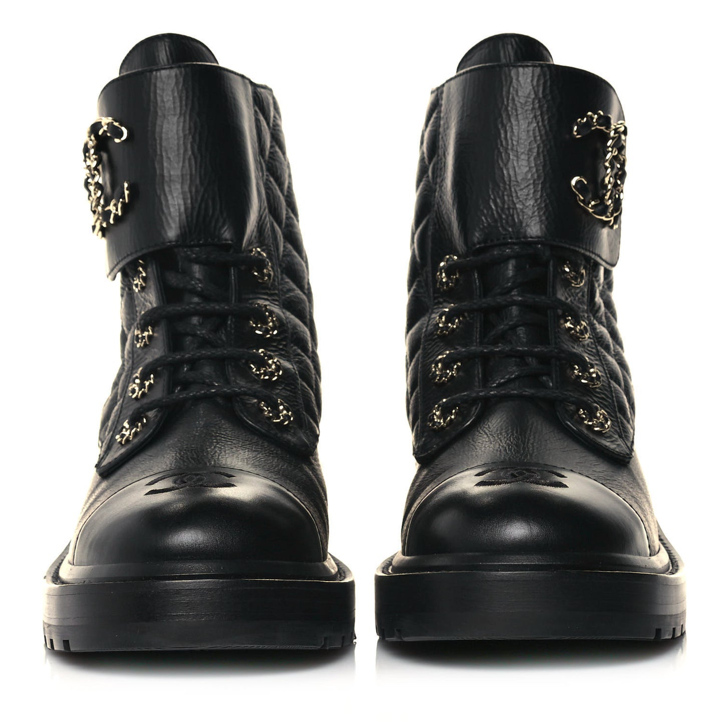 Shiny Goatskin Calfskin Quilted Lace Up Combat Boots 39.5 Black