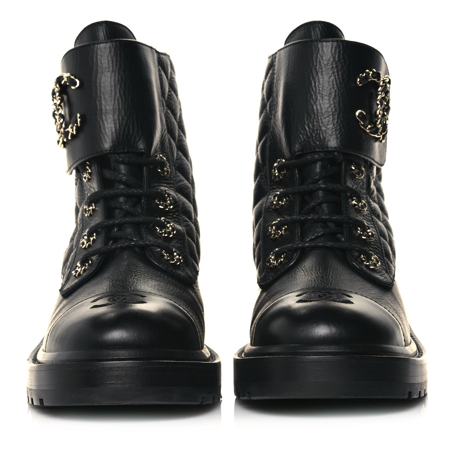 Chanel Shiny Goatskin Calfskin Quilted Lace Up Combat Boots 39.5 Black 2 of 10
