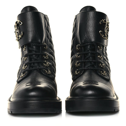 Chanel Shiny Goatskin Calfskin Quilted Lace Up Combat Boots 39.5 Black 2 of 10