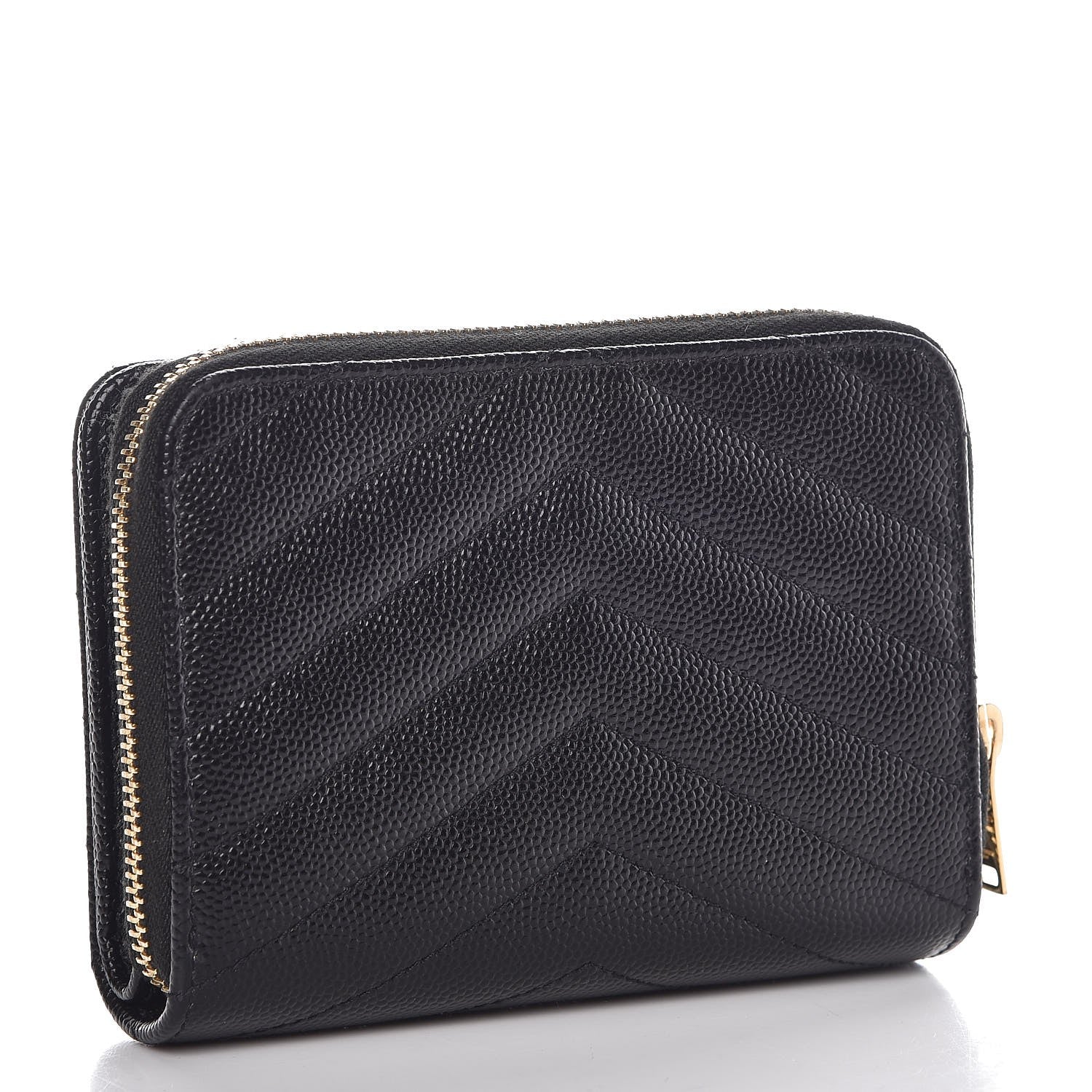 Saint Laurent Grain De Poudre Matelasse Chevron Monogram Compact Zip Around Wallet Black 3 of 9