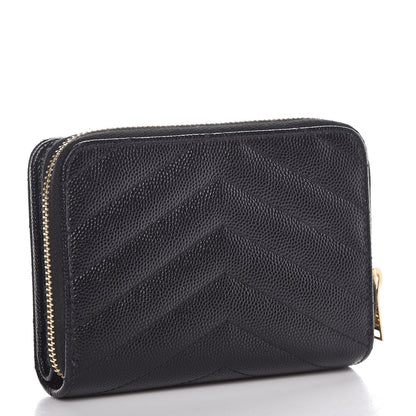 Saint Laurent Grain De Poudre Matelasse Chevron Monogram Compact Zip Around Wallet Black 3 of 9