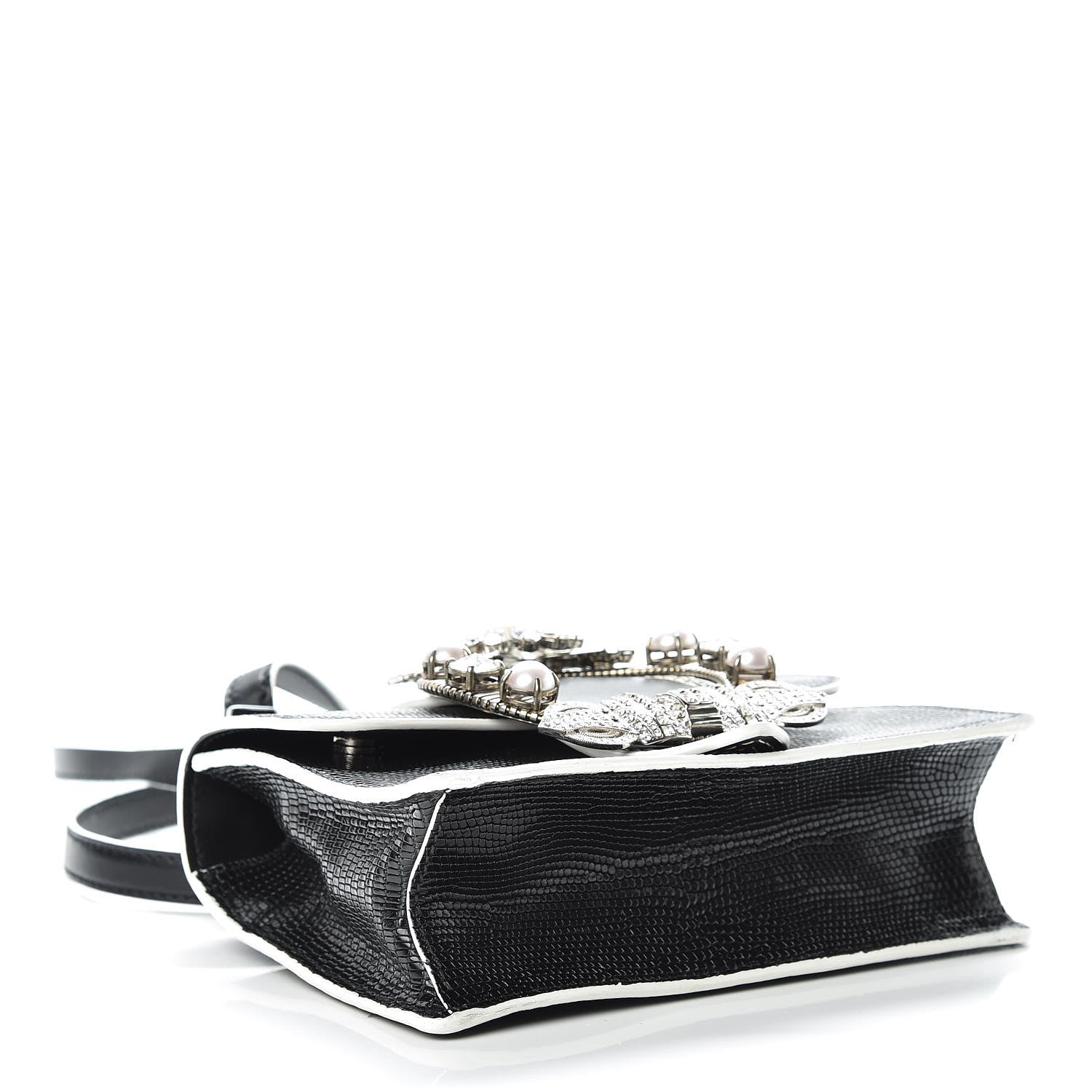 Miu Miu Embossed Lizard Calfskin Crystal Embellished Saint Lucertola Shoulder Bag Black 4 of 12