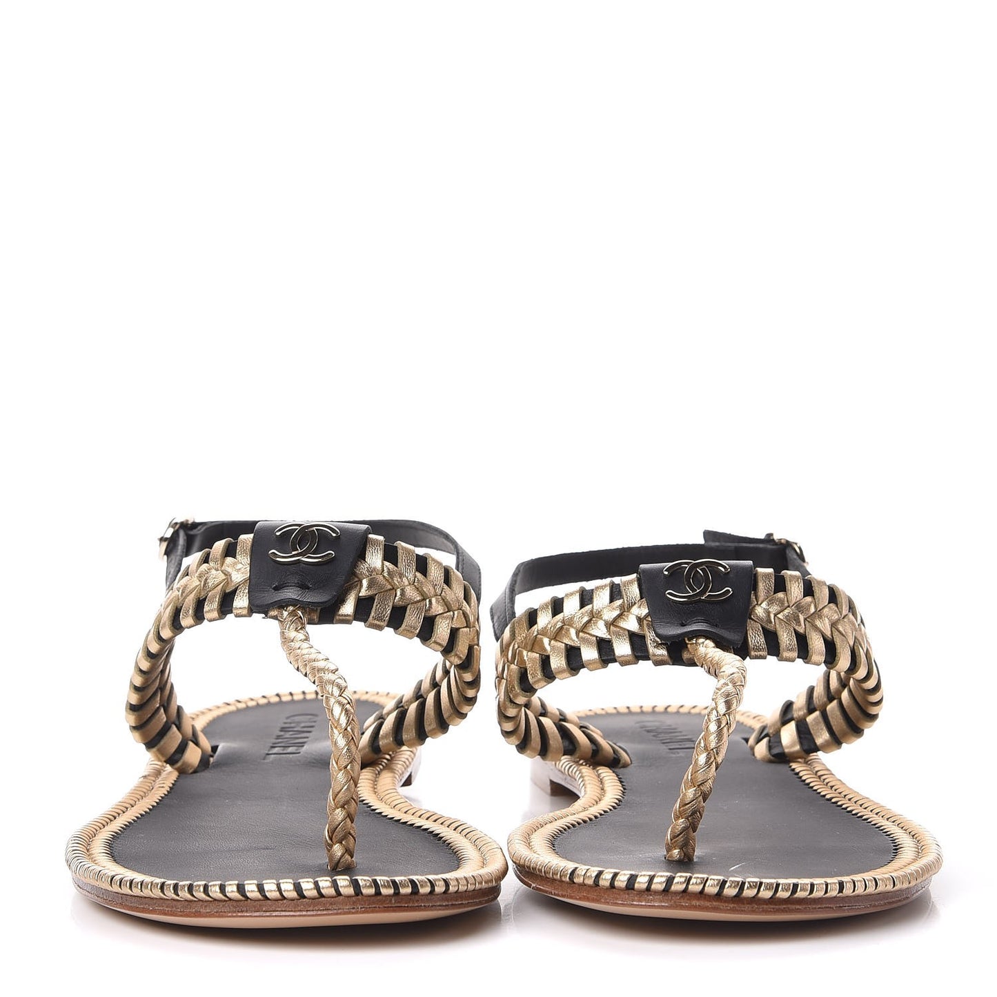 Metallic Lambskin Calfskin Braided Thong Sandals 40 Black Gold