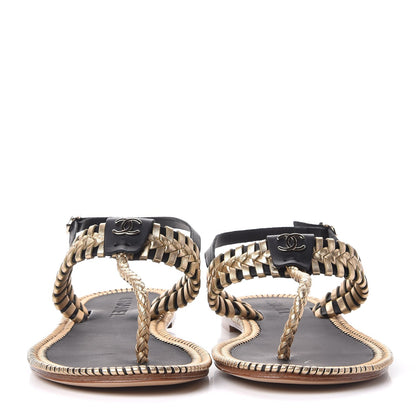 Chanel Metallic Lambskin Calfskin Braided Thong Sandals 40 Black Gold 2 of 7