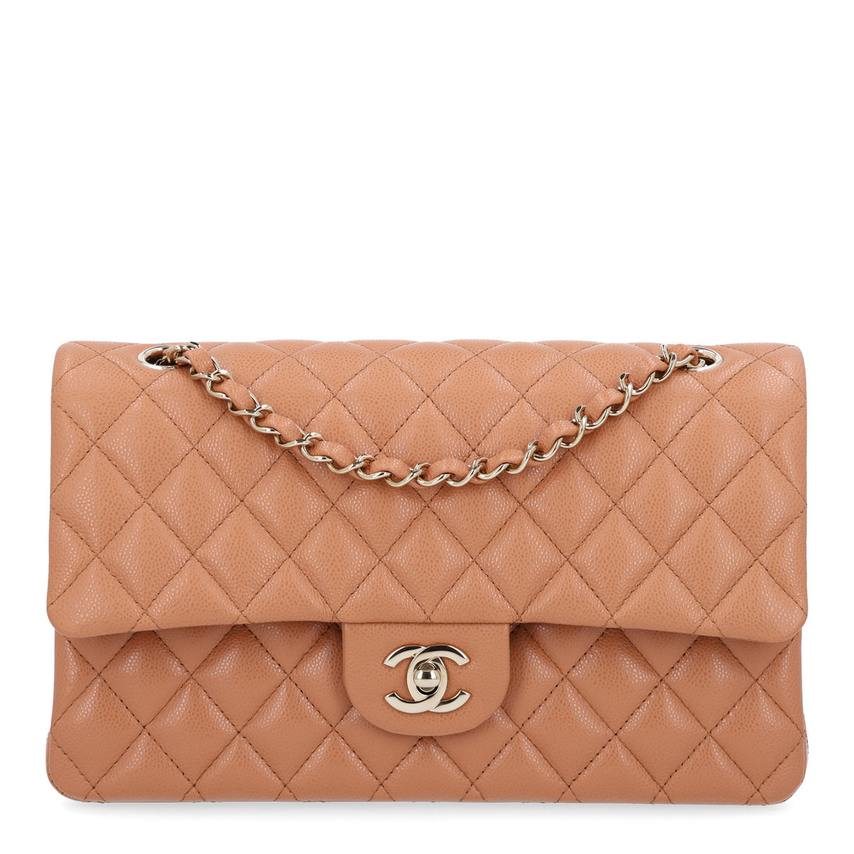 Caviar Quilted Medium Double Flap Light Brown