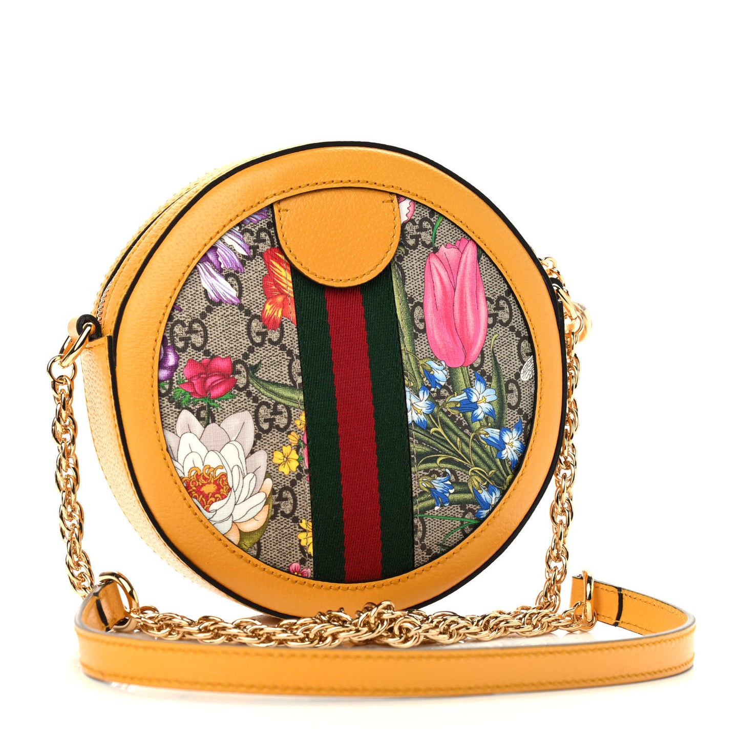 GG Supreme Monogram Flora Web Mini Ophidia Round Shoulder Bag Beige Multicolor Crop