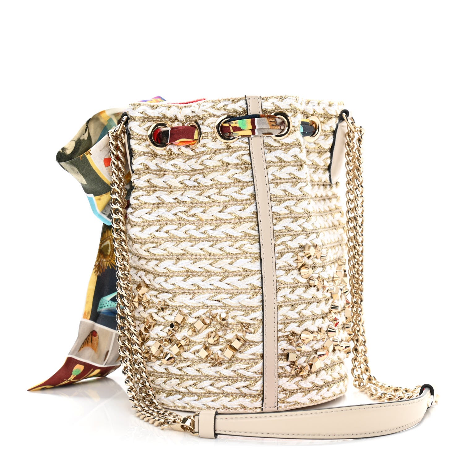 Christian Louboutin Woven Jute Crepe Satin Studded Marie Jane Bucket White Gold 3 of 9