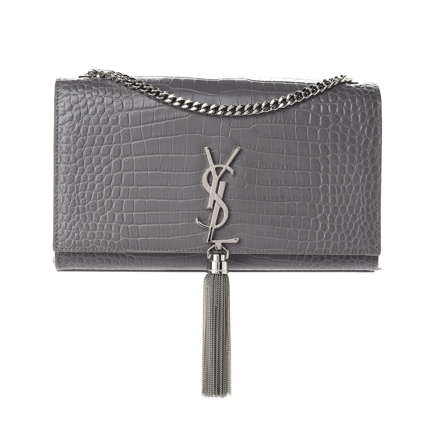 Calfskin Crocodile Embossed Medium Classic Monogram Kate Tassel Satchel Fog