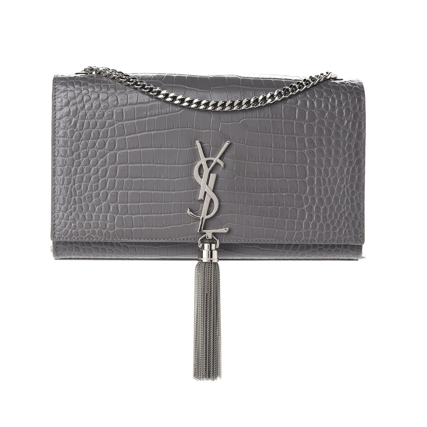 Saint Laurent Calfskin Crocodile Embossed Medium Classic Monogram Kate Tassel Satchel Fog 1 of 7