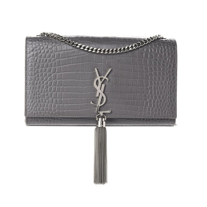 Saint Laurent Calfskin Crocodile Embossed Medium Classic Monogram Kate Tassel Satchel Fog 1 of 7