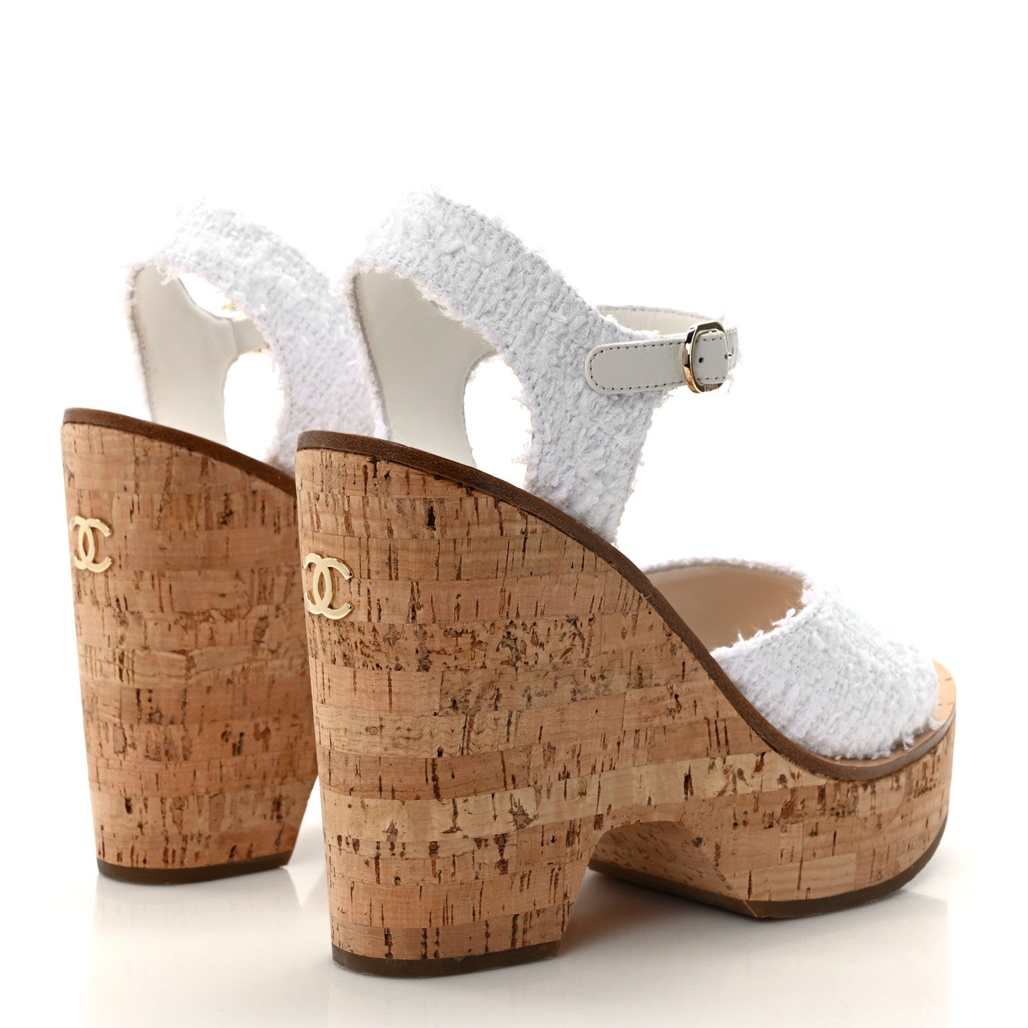 Chanel Tweed Cork CC Wedge Sandals 40 White 4 of 8