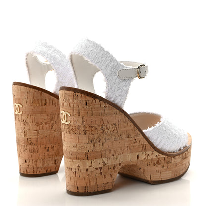 Chanel Tweed Cork CC Wedge Sandals 40 White 4 of 8