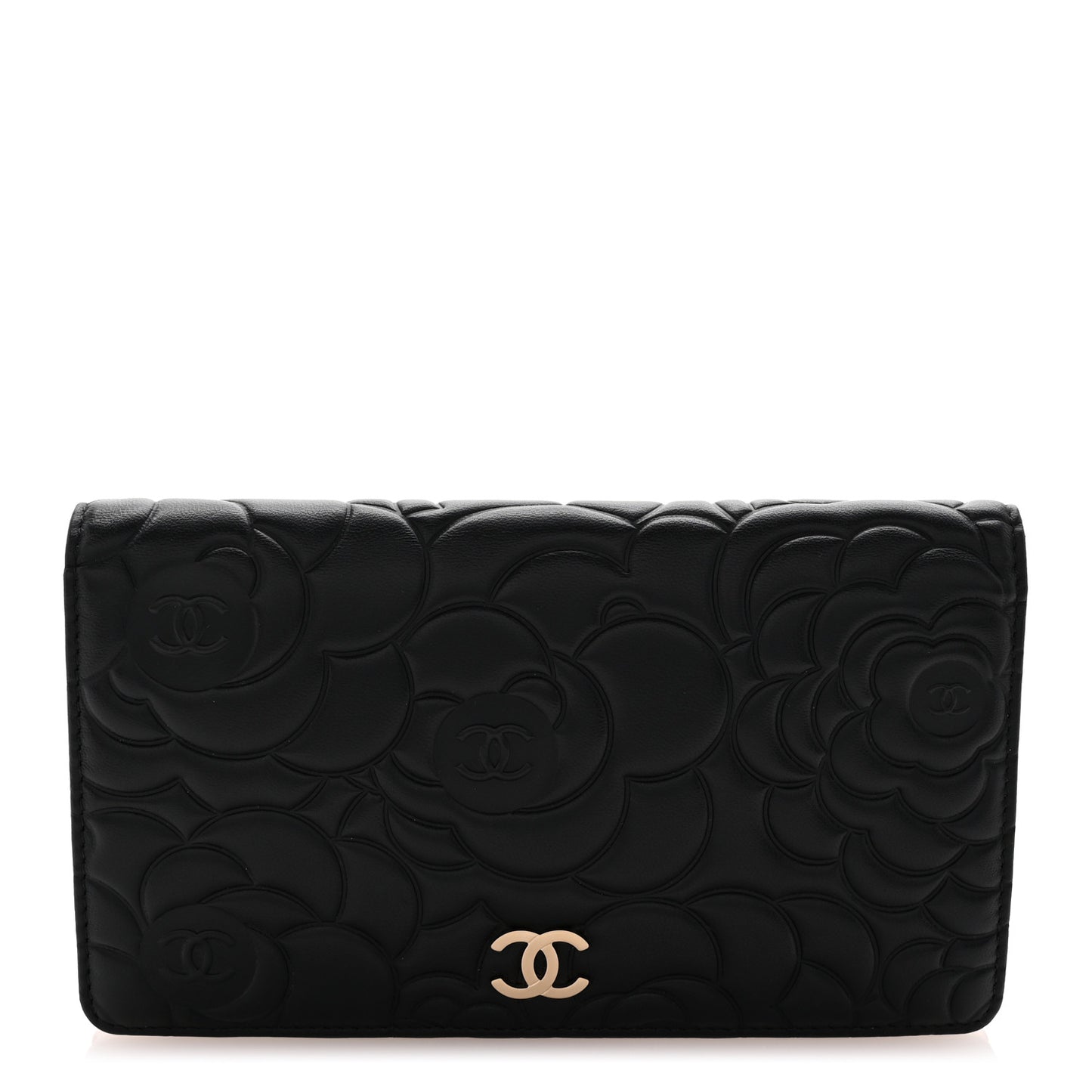 Lambskin Camellia Embossed Yen Wallet Black