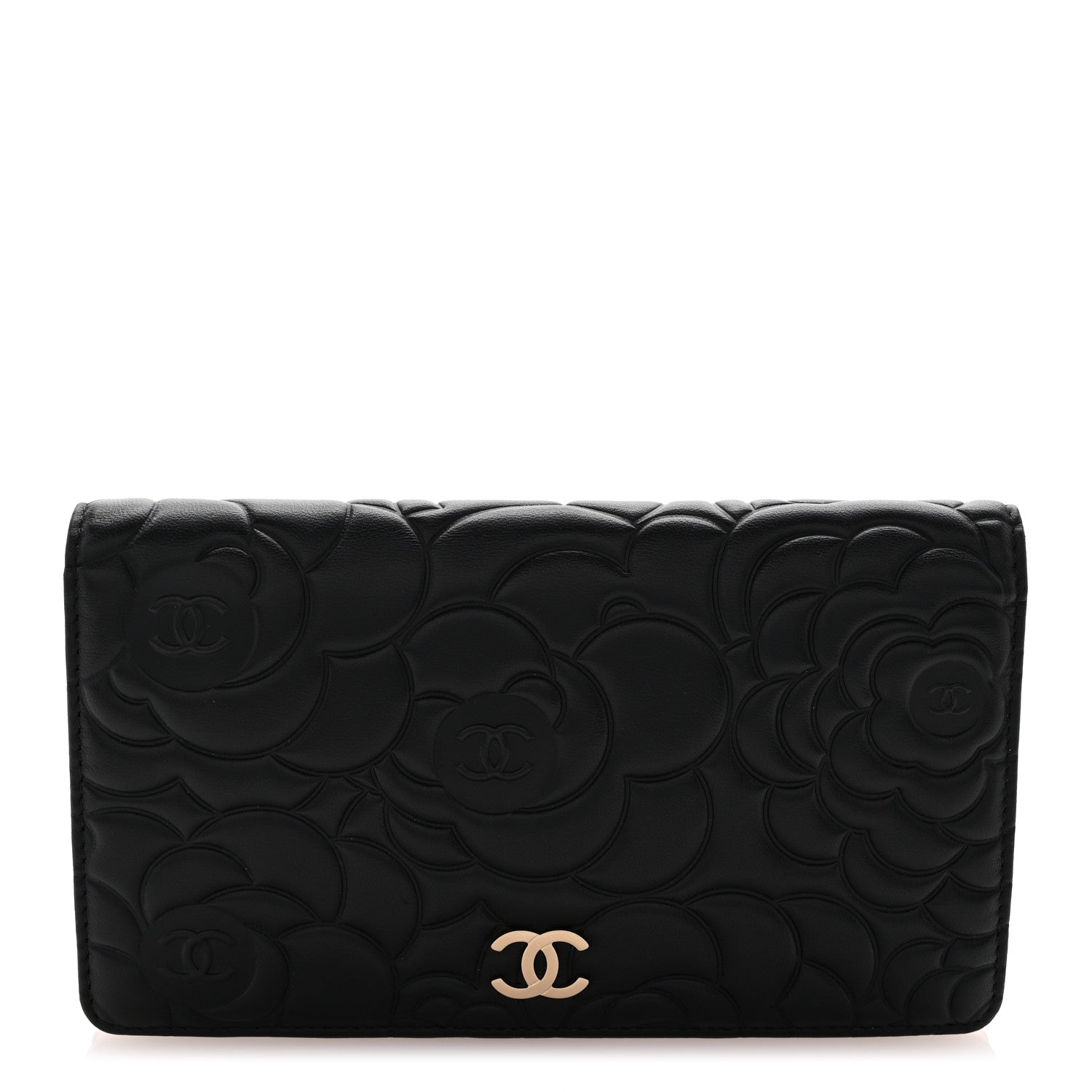 Chanel Lambskin Camellia Embossed Yen Wallet Black 1 of 9