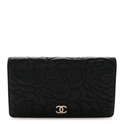 Chanel Lambskin Camellia Embossed Yen Wallet Black 1 of 9