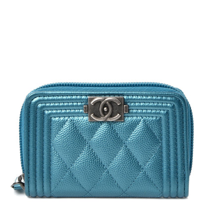 Chanel Metallic Caviar Quilted Boy Zip Around Coin Purse Wallet Turquoise 1 of 8
