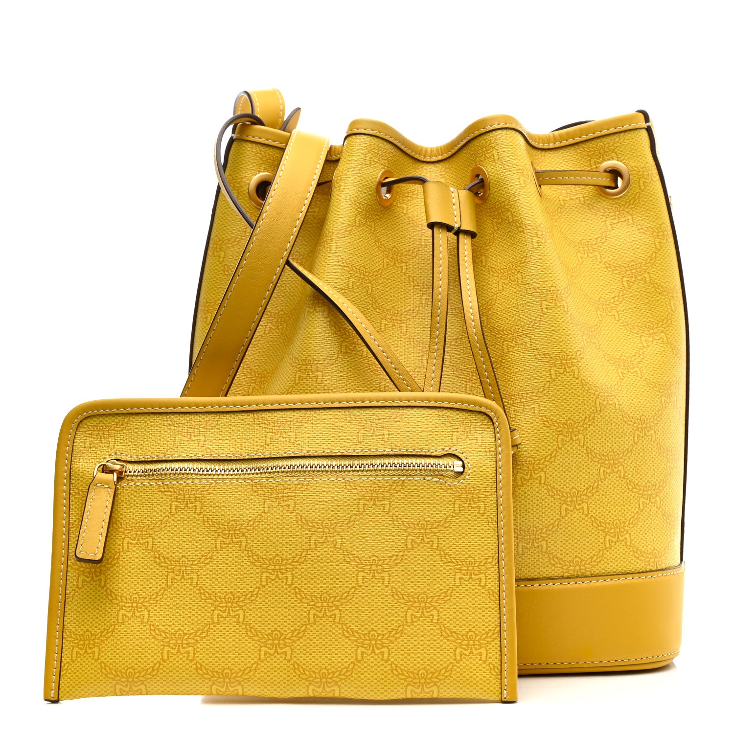 MCM Lauretos Spanish Calfskin Medium Himmel Drawstring Bucket Bag Lemon Gold 3 of 12