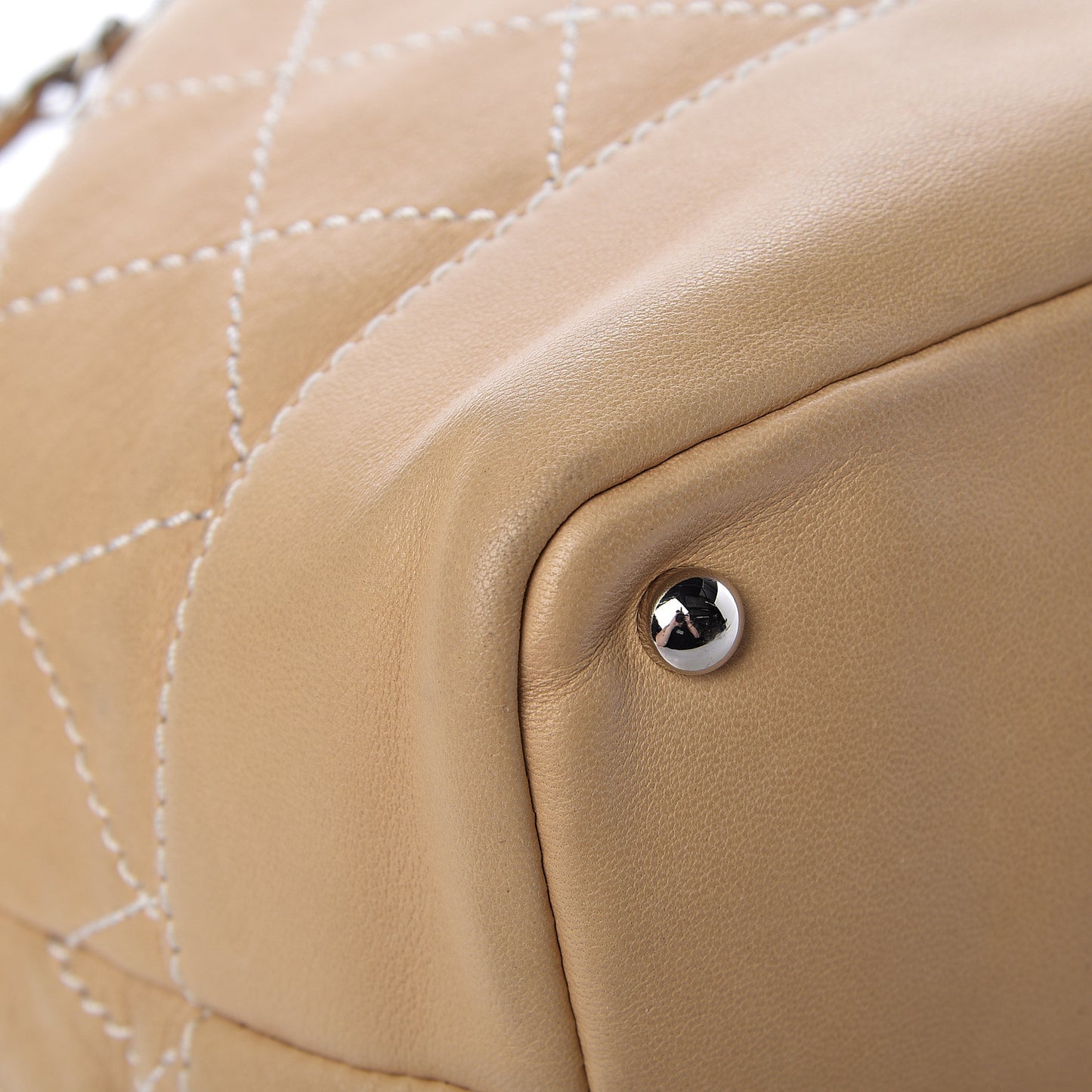 Lambskin Contrast Stitch Small Drawstring Tote Light Beige