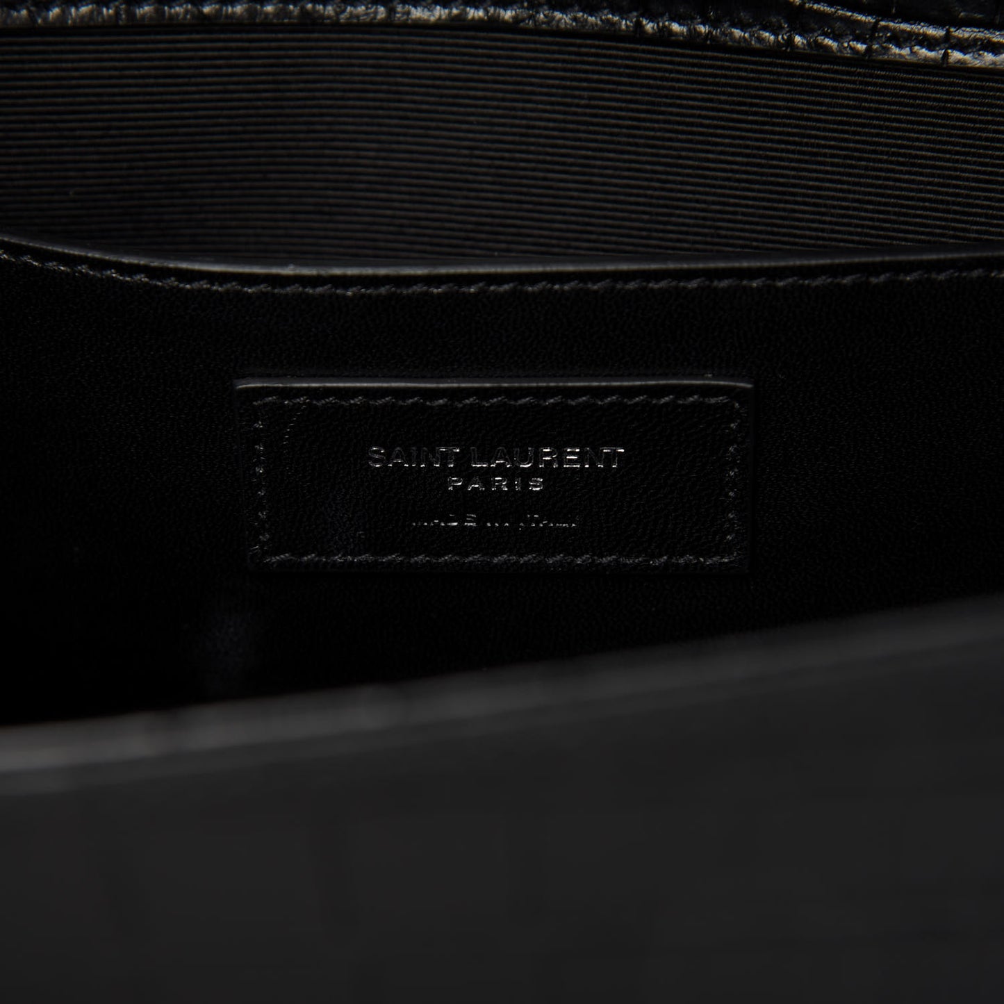 Calfskin Crocodile Embossed Large Classic Monogram Kate Satchel Black