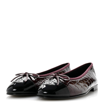 Chanel Crocodile Embossed Patent Cap Toe Ballerina Flats 38.5 Dark Burgundy Black 4 of 10