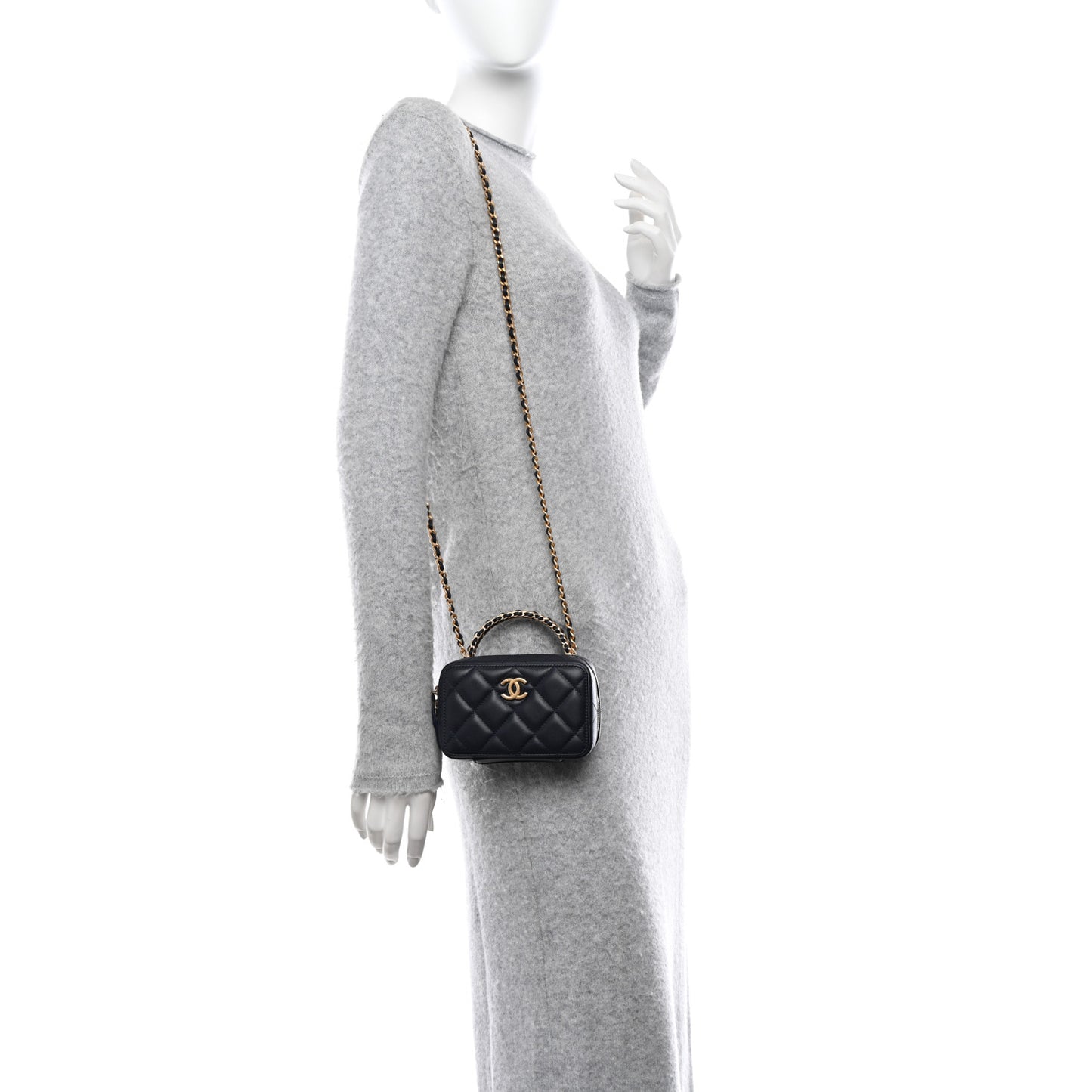 Lambskin Quilted Chain Top Handle Vanity Case Blue