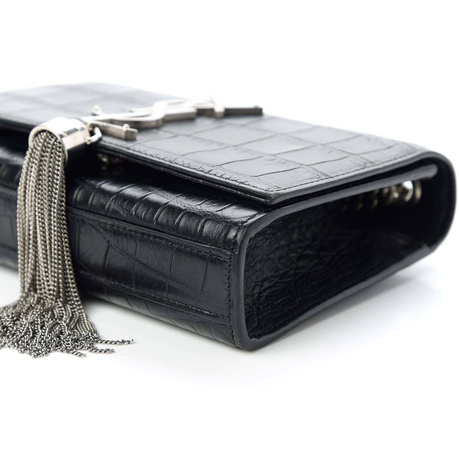 Saint Laurent Calfskin Crocodile Embossed Monogram Small Kate Tassel Satchel Black 7 of 10