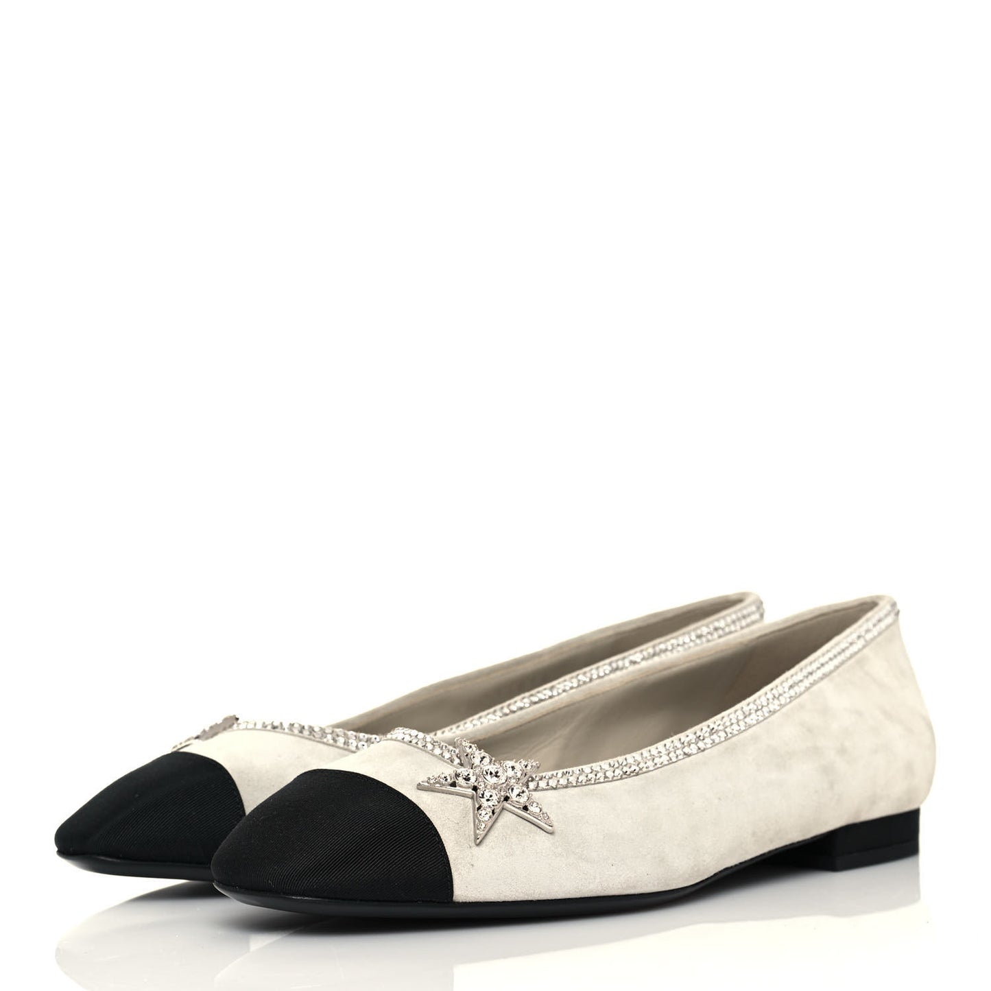Suede Calfskin Grosgrain Crystal Star Ballerina Flats 38.5 Gray Black