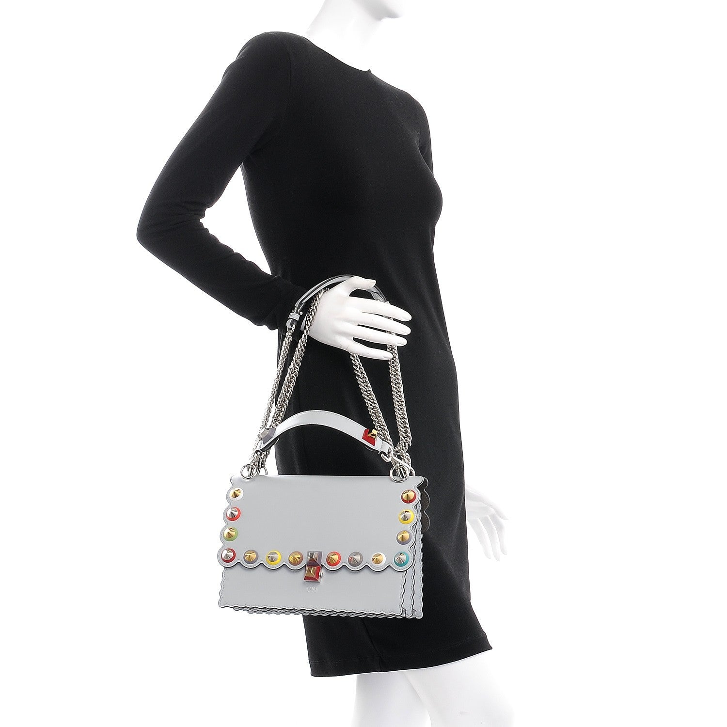 Fendi Vitello Liberty Scalloped Spike Studded Kan I Shoulder Bag Grigio Perla Multicolor 3 of 9