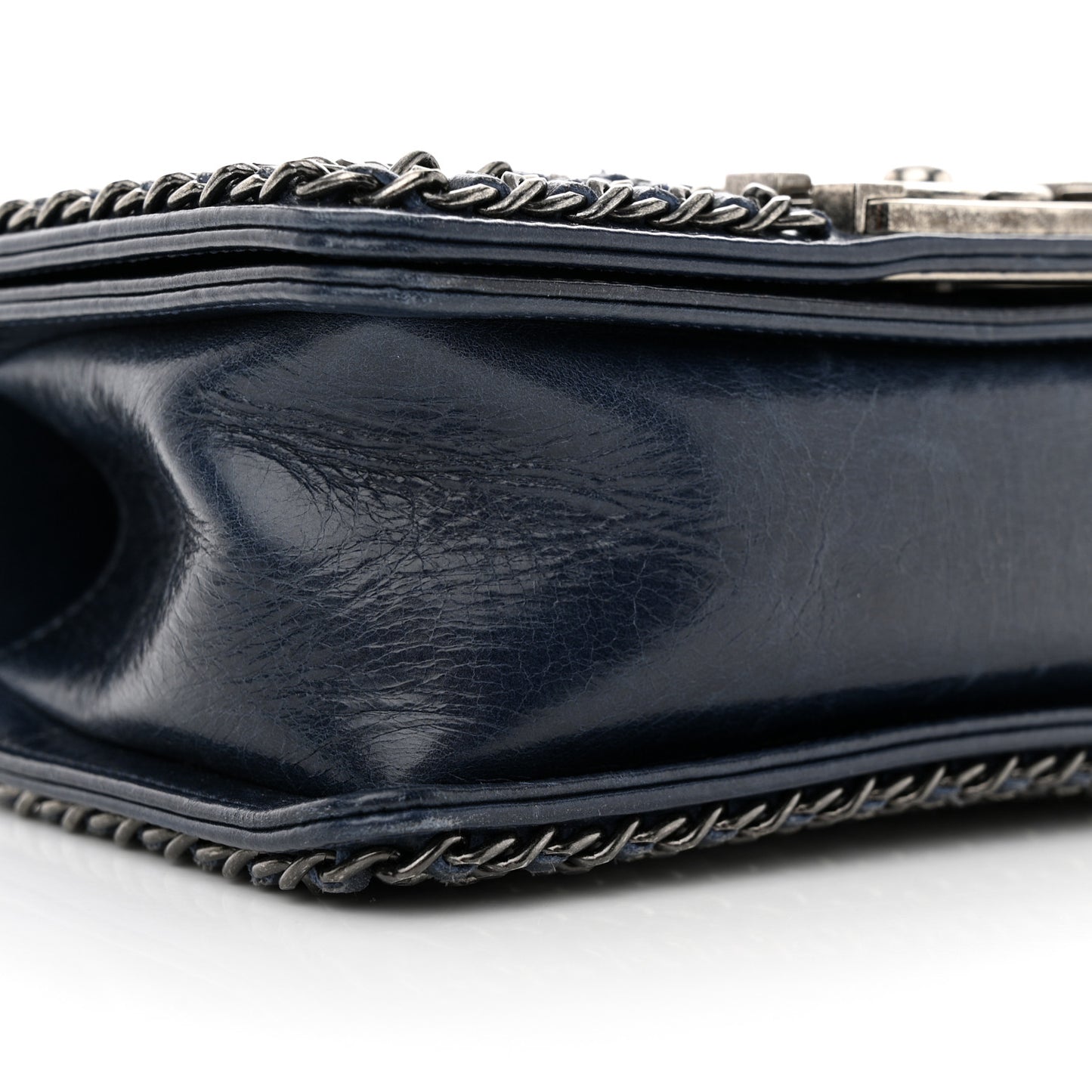 Glazed Calfskin Quilted Small Boy Chained Flap Navy