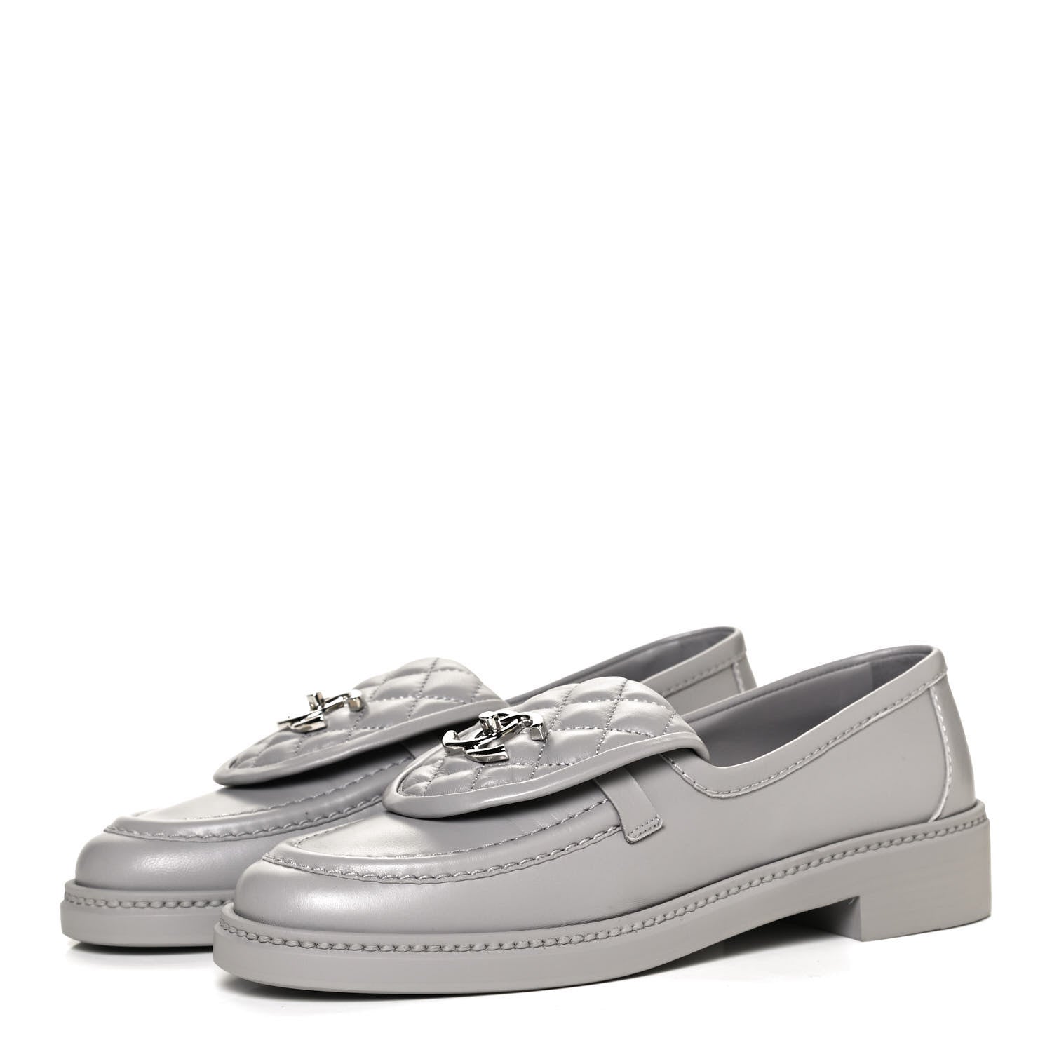 Chanel Lambskin Quilted CC Turnlock Loafers 37.5 Grey 3 of 11