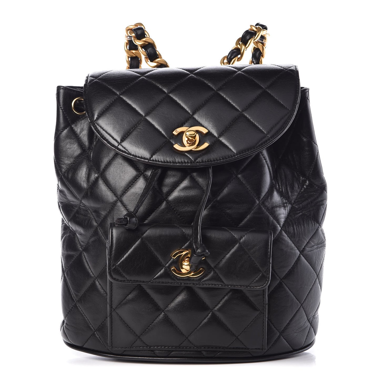 Lambskin Quilted Drawstring Backpack Black