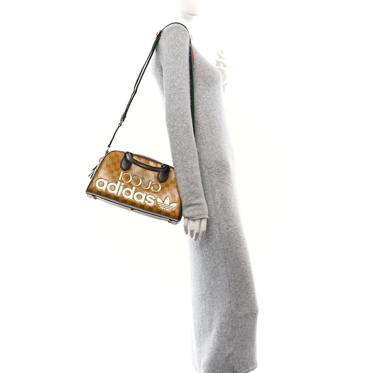 X ADIDAS Crystal Vintage Monogram Textured Dollar Calfskin Web Trefoil Logo Mini Bowling Bag Mid Natural Nut Off White New Acero