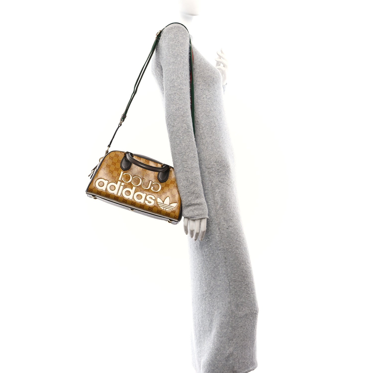 Gucci X ADIDAS Crystal Vintage Monogram Textured Dollar Calfskin Web Trefoil Logo Mini Bowling Bag Mid Natural Nut Off White New Acero 2 of 11