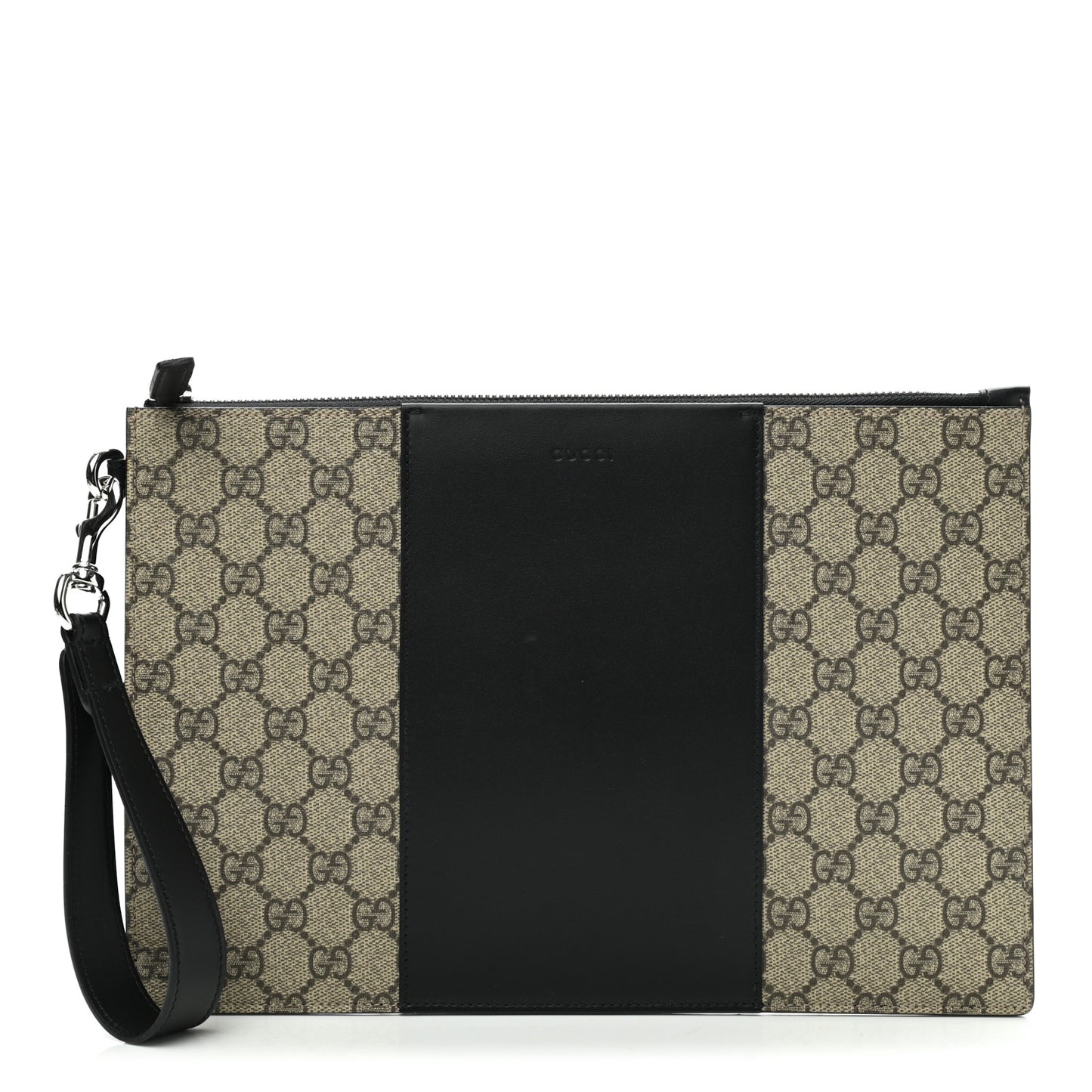 GG Supreme Monogram Zip Wristlet Pouch Beige Black
