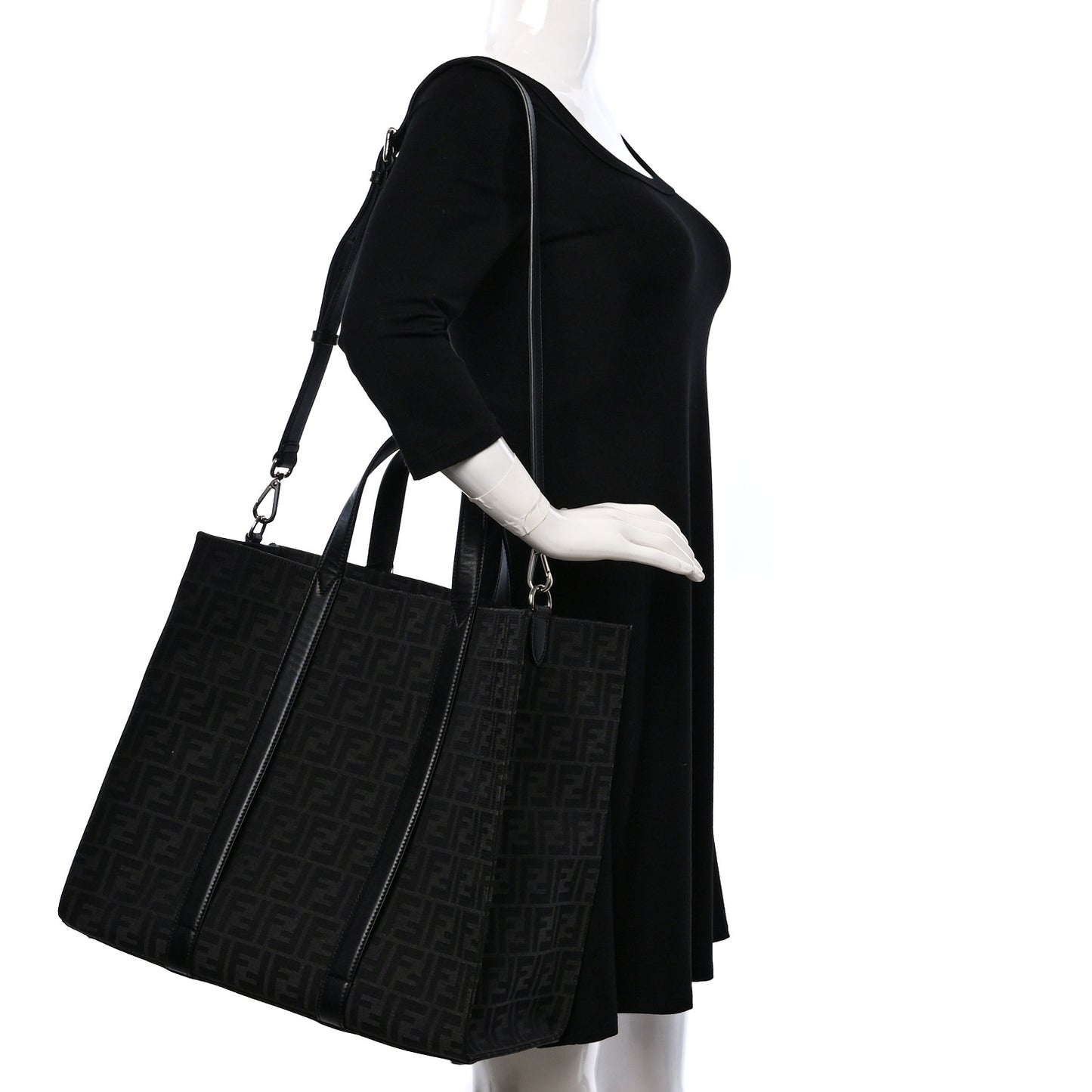 Recycled Fabric Jacquard Vitello Astro FF 1974 Shopping Tote Asfalto Black