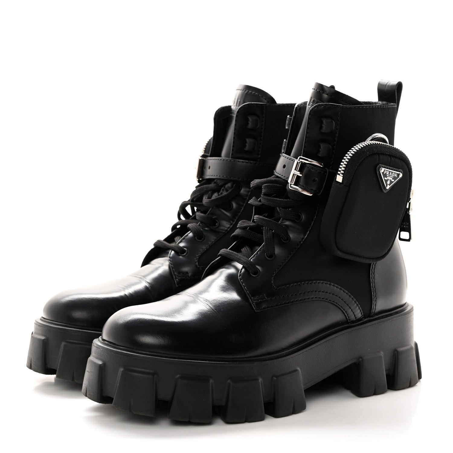 Prada Spazzolato Rois Nylon Metal Triangle Logo Monolith Pouch Pocket 55mm Boots 40 Black 3 of 16