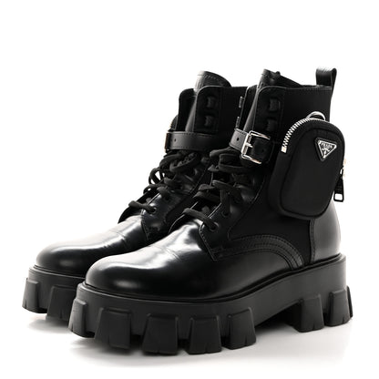 Prada Spazzolato Rois Nylon Metal Triangle Logo Monolith Pouch Pocket 55mm Boots 40 Black 3 of 16