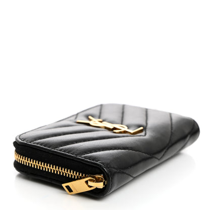 Saint Laurent Lambskin Matelasse Chevron Monogram Cassandre Compact Zip Around Card Wallet Black 4 of 8