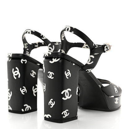 Chanel Printed Lambskin CC Platform Sandals 39.5 Black White 4 of 11