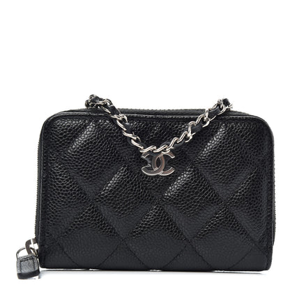 Chanel Caviar Quilted Zip Around Coin Purse Wallet On Chain Black 1 of 7