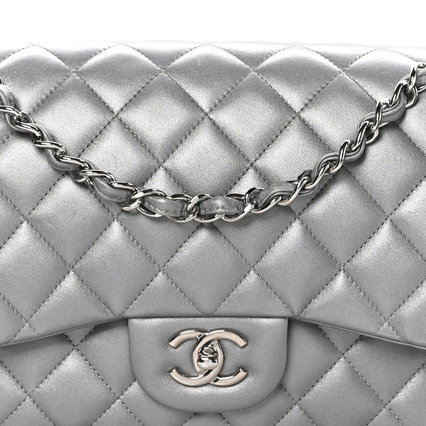 Metallic Lambskin Quilted Jumbo Double Flap Silver