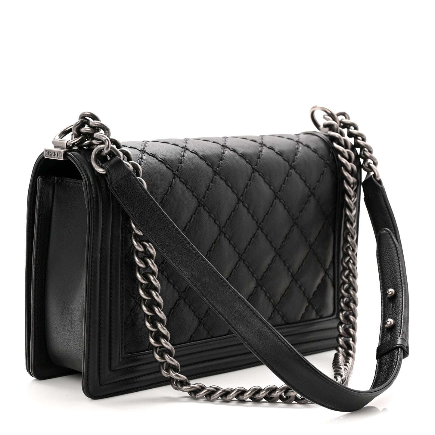 Calfskin Quilted Double Stitched New Medium Boy Flap Black