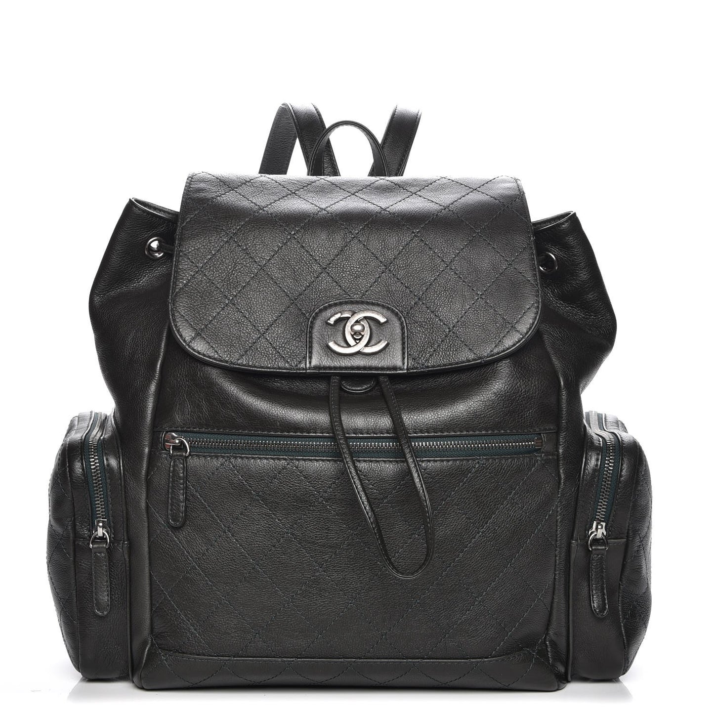 Grained Calfskin Stitched Pocket Backpack Dark Green